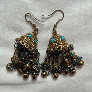 East Asian/Indian Gold and Aqua Blue Dangle Earrings